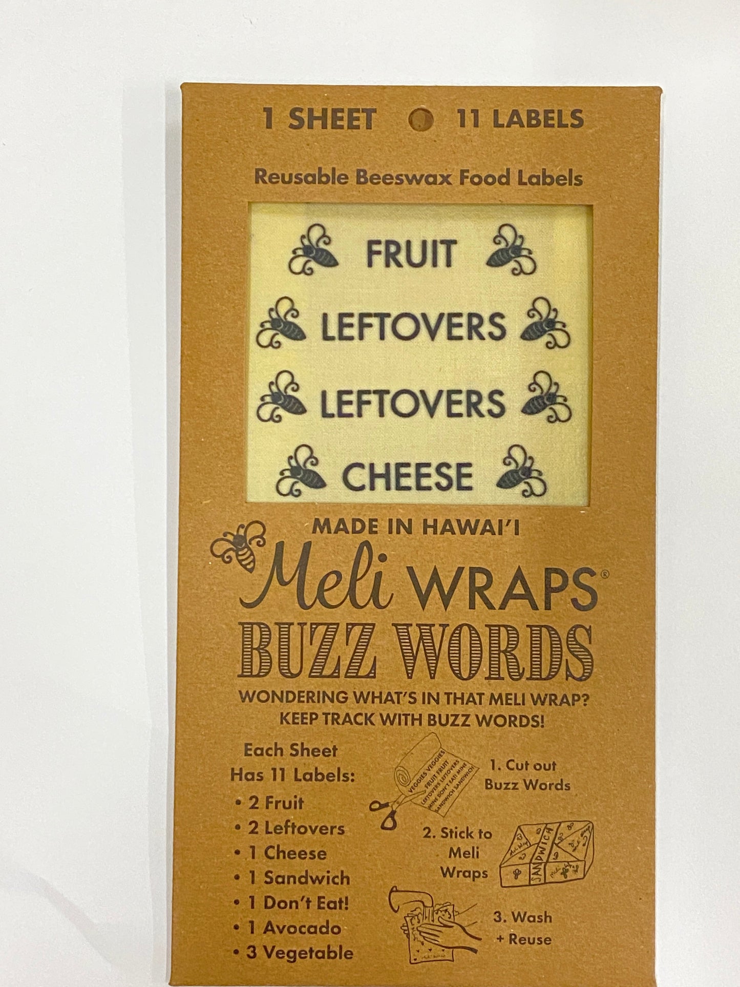 Meli Wraps Buzz Words Beeswax Wrap Food Labels for labeling and organizing food wraps in natural, colorful designs