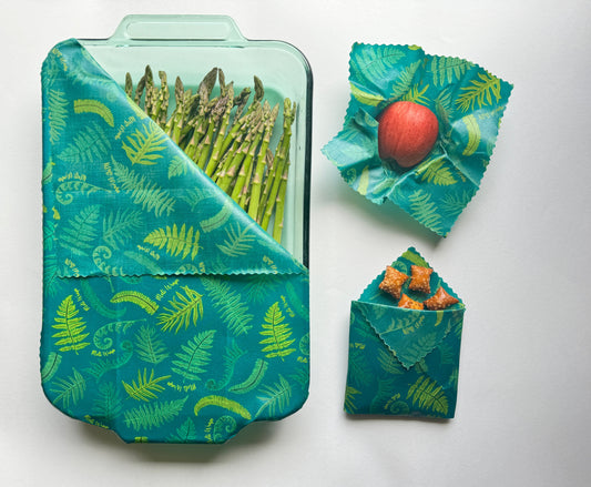 Beeswax Wrap Bulk Roll by Meli Wraps with fern print, reusable beeswax food wrap roll for eco-friendly kitchen use