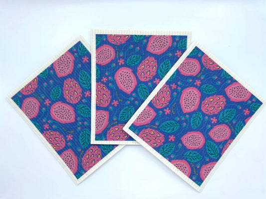 Set of three Dragonfruit Swedish dish cloths by Meli Wraps, colorful, soft, reusable kitchen cleaning cloths with dragonfruit design.