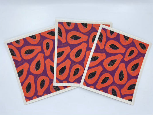 Set of three Papaya Swedish dish cloths by Meli Wraps, colorful and absorbent kitchen cleaning cloths displayed flat.
