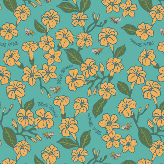 Set of two Puakenikeni and bee design kitchen towels by Meli Wraps, 100% cotton, featuring vibrant floral and bee patterns.