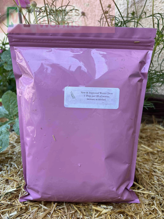Meme's Worm Chow, premium worm food in a 1 lb bag, designed for healthy worm growth and nourishment.