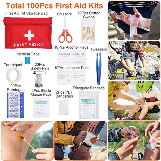 Mercantile Mountain 125-in-1 survival kit with camping, hiking, and emergency SOS gear, including tools and accessories for outdoor safety.