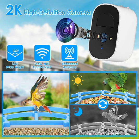 Mercantile Mountain Birdfy Solar Powered Smart Bird Feeder with 2K Bird Watching Camera showing bird feeding station and camera lens