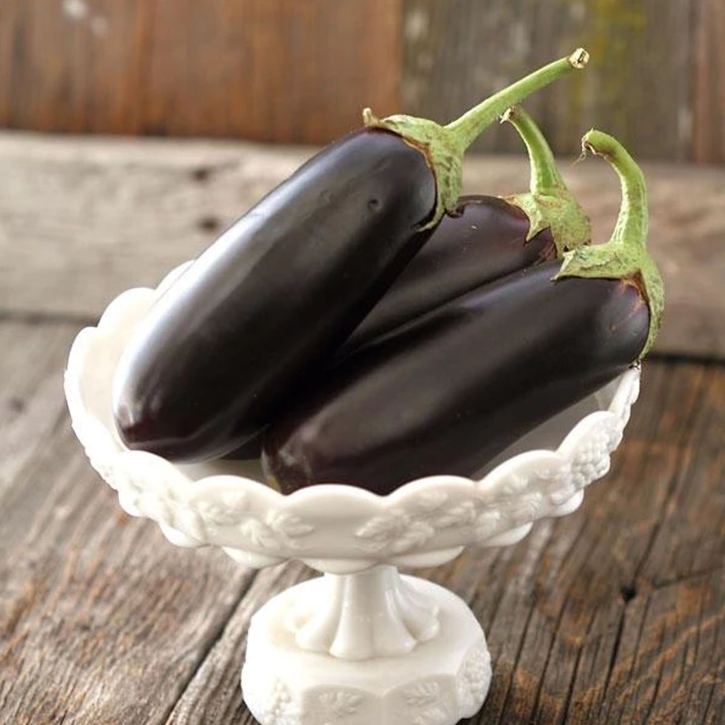 Close-up of MIgardener Diamond Eggplant showing its smooth, shiny purple skin and elongated shape.