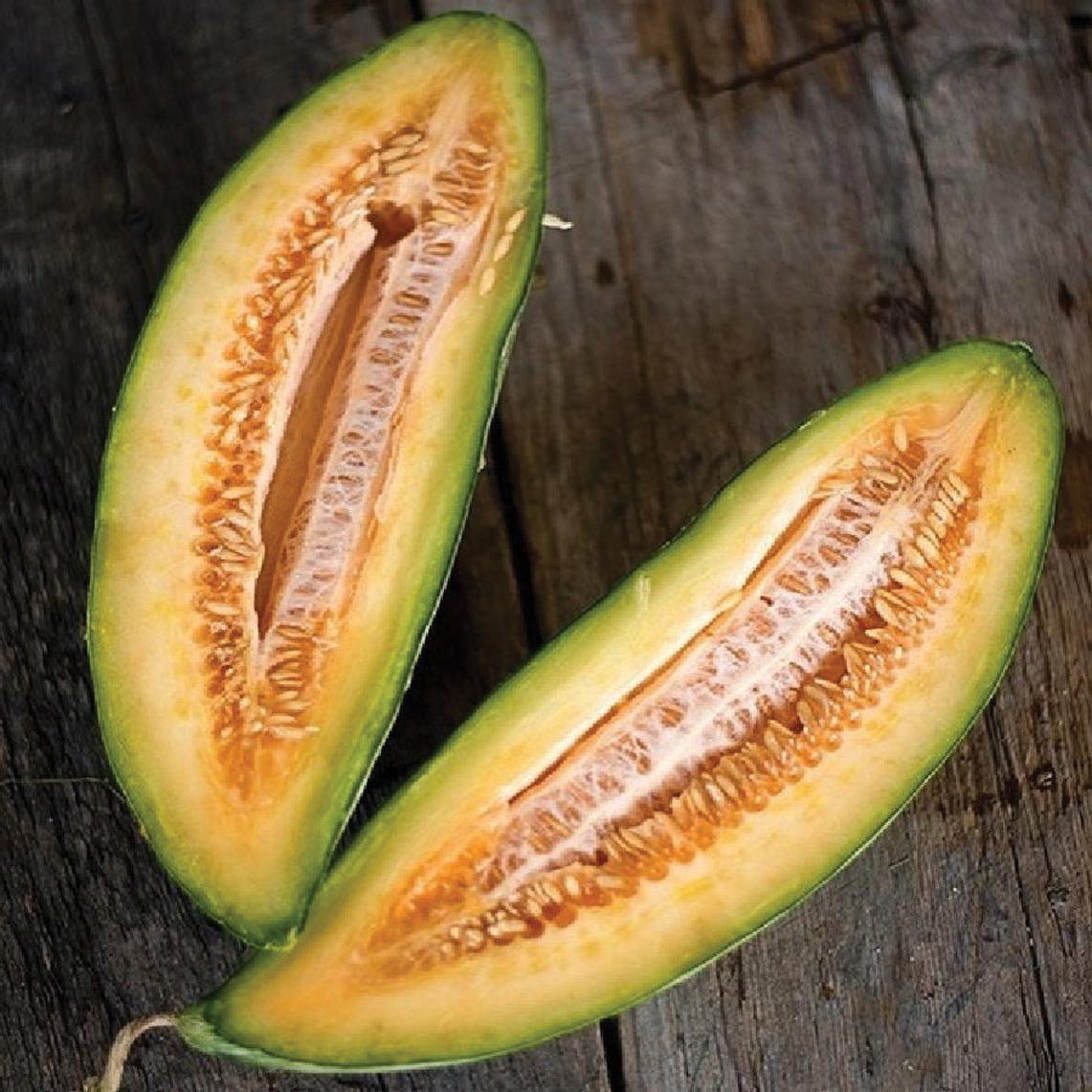Fresh banana melon from MIgardener, showcasing vibrant yellow-orange flesh and green rind on a ripe melon.