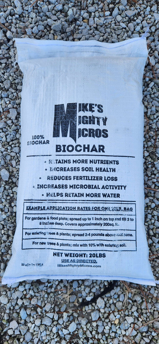 Mikes Mighty Micros Biochar in a bag, showing the product label with branding and earthy color design.