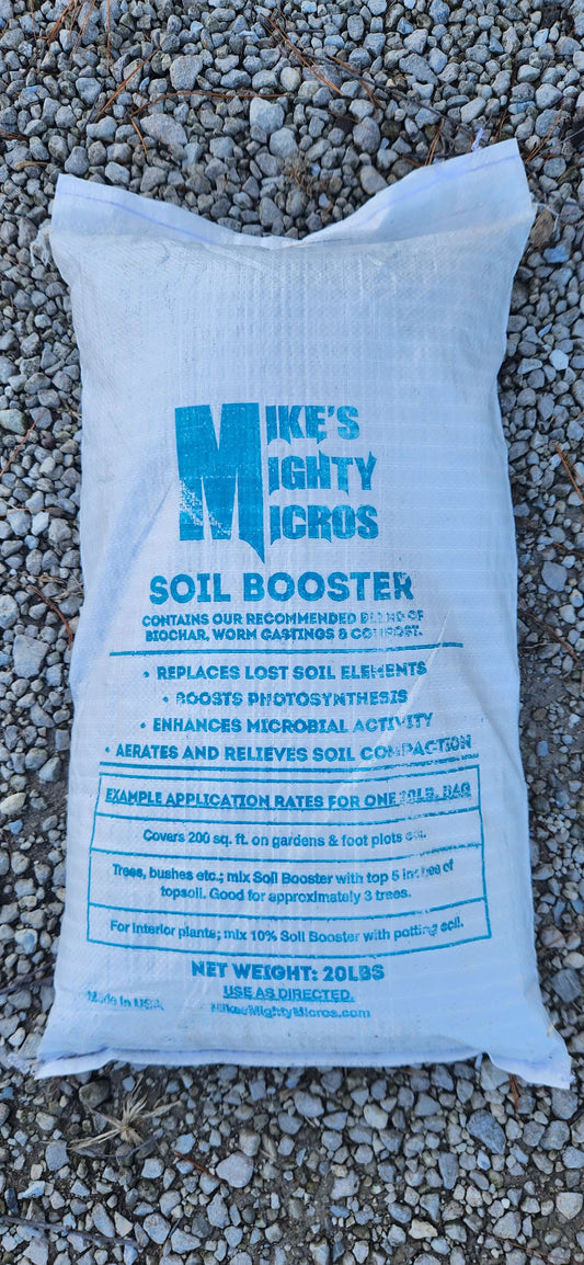 Mikes Mighty Micros Soil Booster fertilizer bag showing the product label and branding for healthy plant growth.