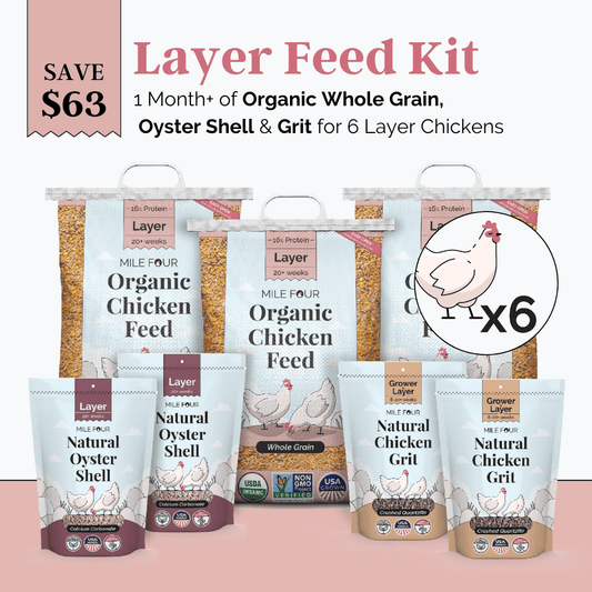 Mile Four chicken feed layer kit with organic mash, grit, and oyster shell for six hens in a 1-month supply.