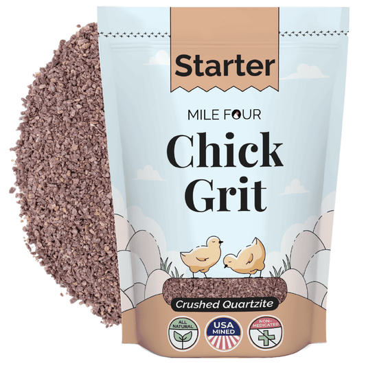 Mile Four Chicken Grit treat and supplement in a 4-lb bag, natural poultry feed supplement, with small grit particles for chickens.
