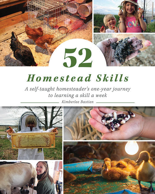 A book titled "52 Homestead Skills" by Mother Earth News, featuring a rustic cover with illustrations of homesteading tools and techniques.