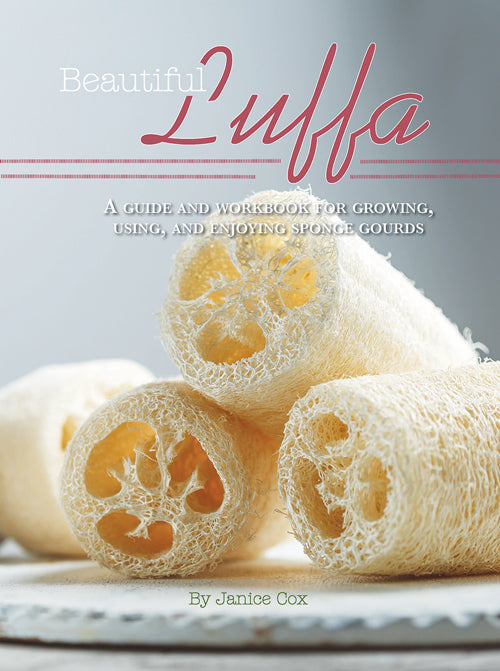 Cover of "Beautiful Luffa" book by Mother Earth News, featuring vibrant illustrations of luffa plants and harvesting methods.