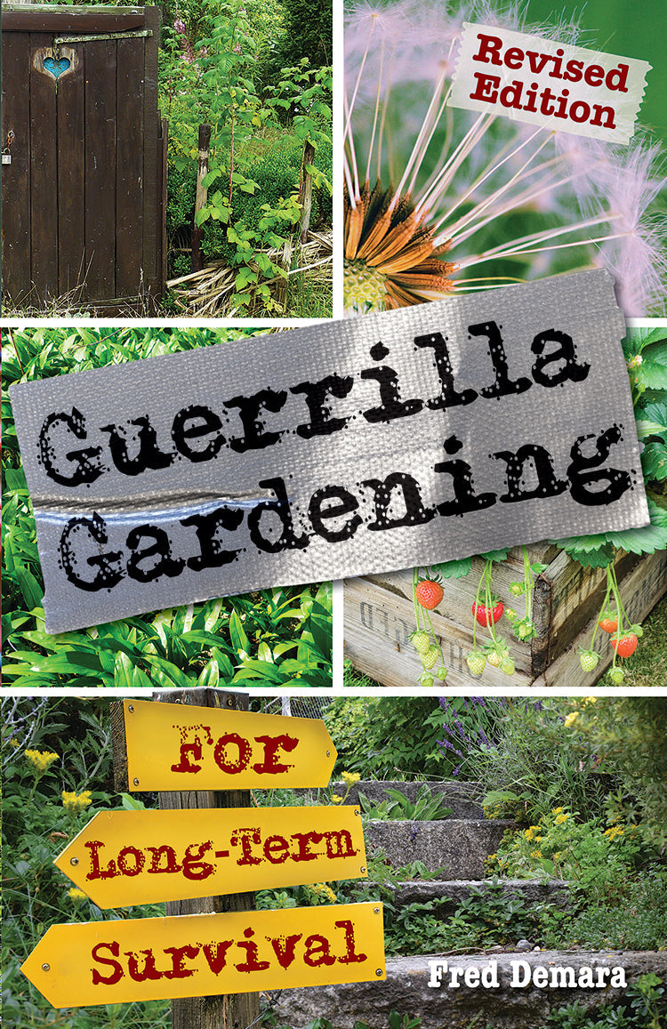 Cover image of the book "Guerrilla Gardening for Long-Term Survival" by Mother Earth News, featuring greenery and gardening tools.