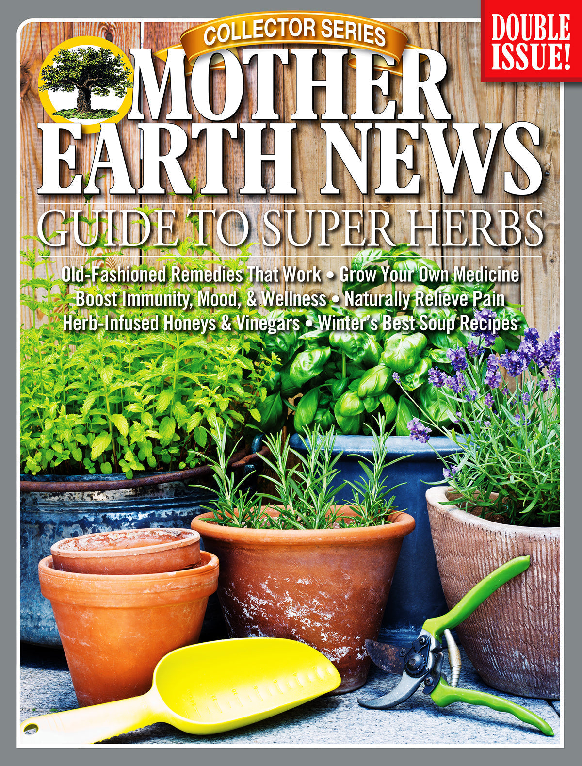 Mother Earth News Collector Series Guide to Super Herbs 4th Edition book, featuring herbal illustrations and detailed plant information.
