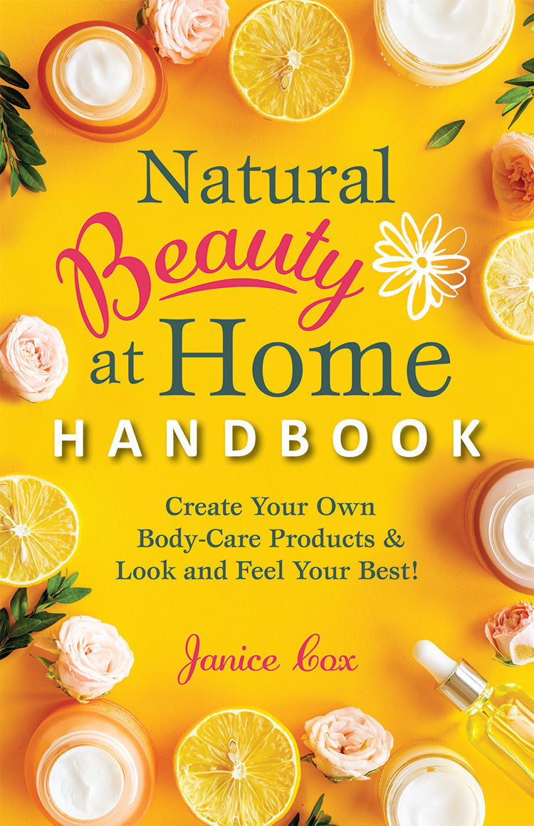 Open book titled "Natural Beauty at Home Handbook" by Mother Earth News, showing pages with natural skincare and beauty tips.