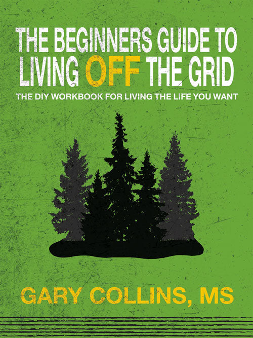 Open book titled "The Beginner's Guide to Living Off the Grid" by Mother Earth News, featuring DIY tips for off-grid living.