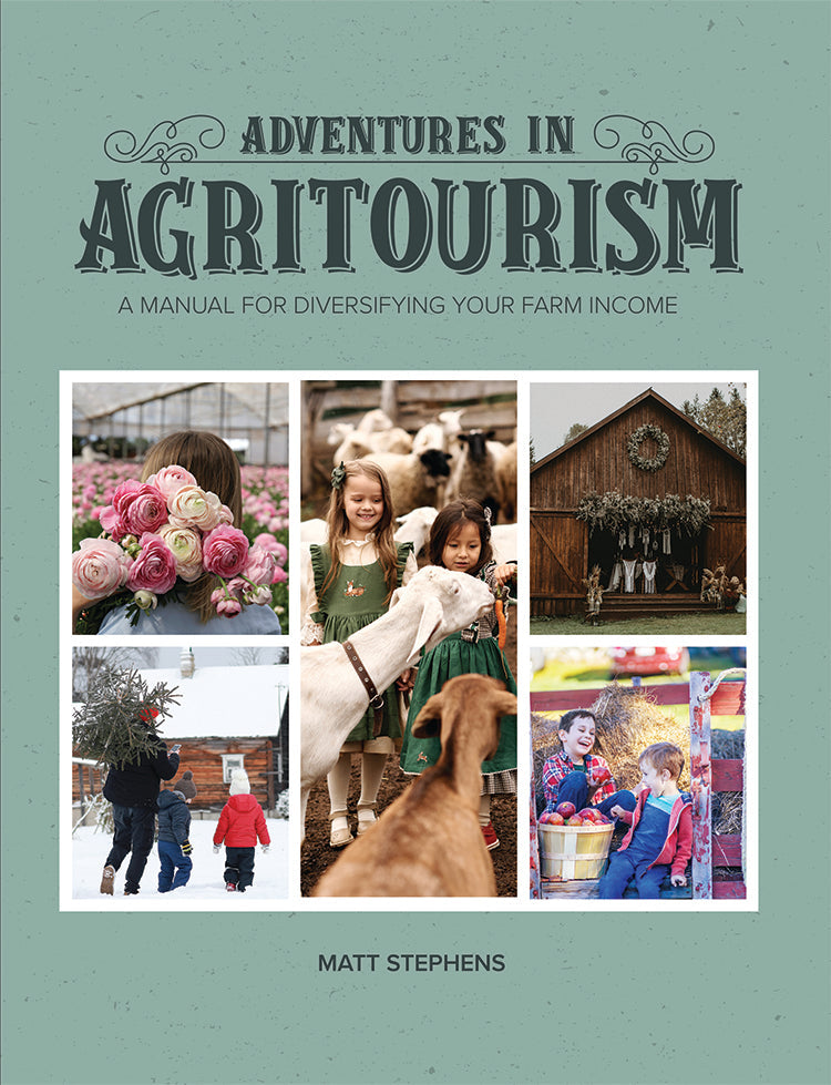 Paperback book titled "Adventures in Agritourism" from Mother Earth News, featuring rural farm and tourism scenes on the cover.