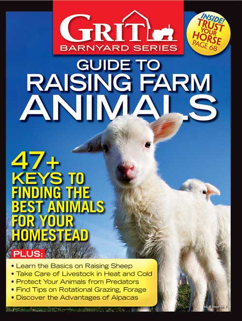 Cover of Mother Earth News magazine featuring the Grit Guide to Raising Farm Animals, 2nd Edition with farm animals and rural scene.