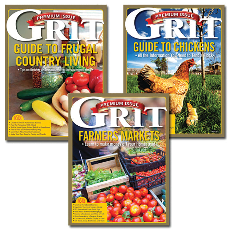 Set of Grit Premium Country Resource magazines by Mother Earth News, featuring rural living tips and sustainable farming advice.