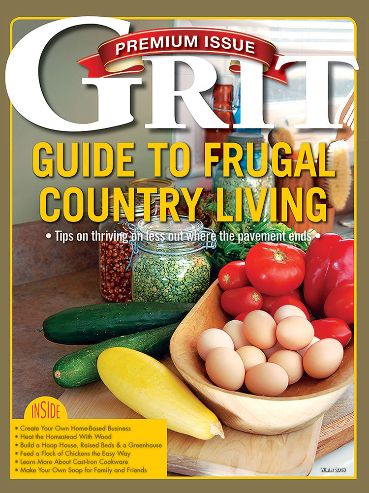 Cover of Mother Earth News Grit magazine featuring the "Premium Guide to Frugal Country Living" 3rd Edition.