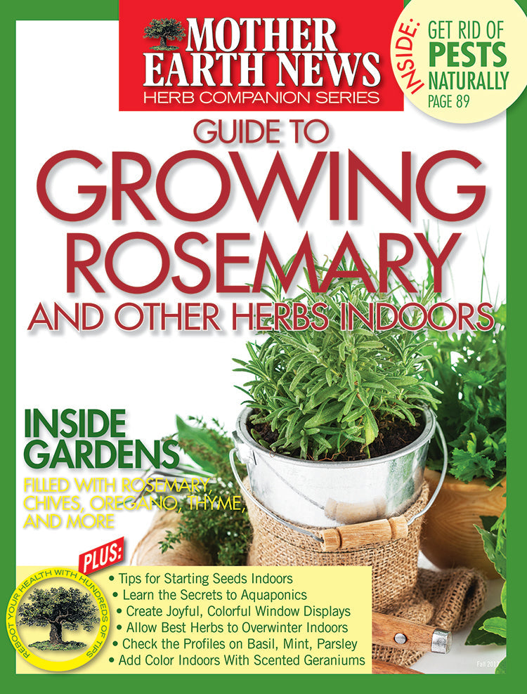 Mother Earth News magazine cover featuring growing rosemary and herbs indoors, showcasing gardening tips and plant illustrations.