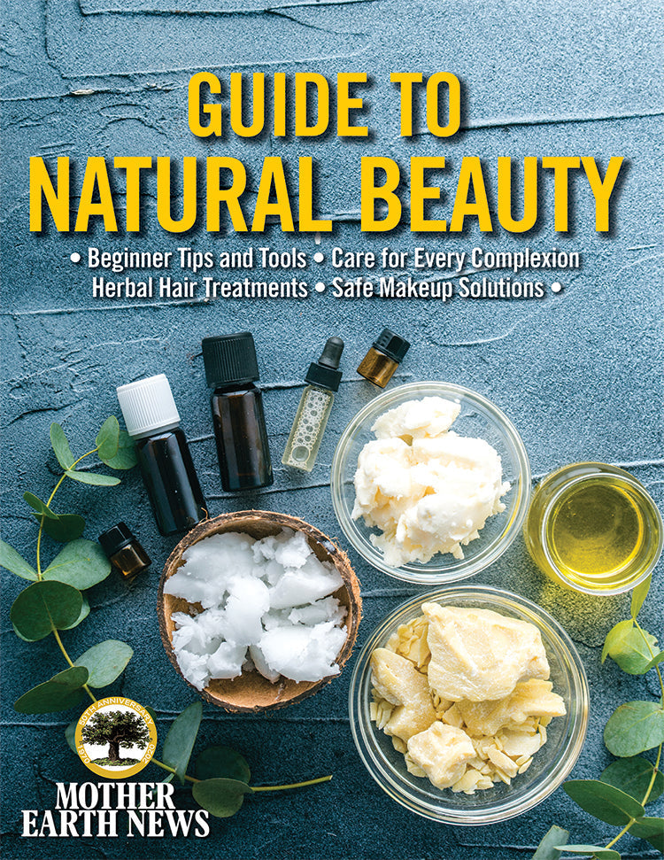 Mother Earth News magazine titled "Guide to Natural Beauty" featuring natural beauty tips on the cover.