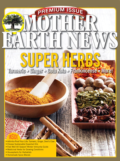 Mother Earth News Super Herbs Set magazines featuring herbal gardening tips and plant illustrations.