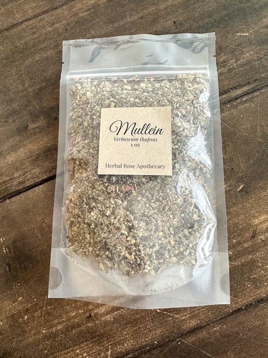 Dried Mullein herbs in a 1oz package from HerbalRose Apothecary, showing fluffy, gray-green leaves and stems.
