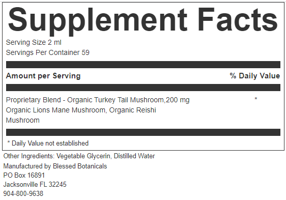 Organic Turkey Tail mushroom blend supplement by Blessed Botanicals, featuring Turkey Tail, Lions Mane, and Reishi mushrooms in tincture form.