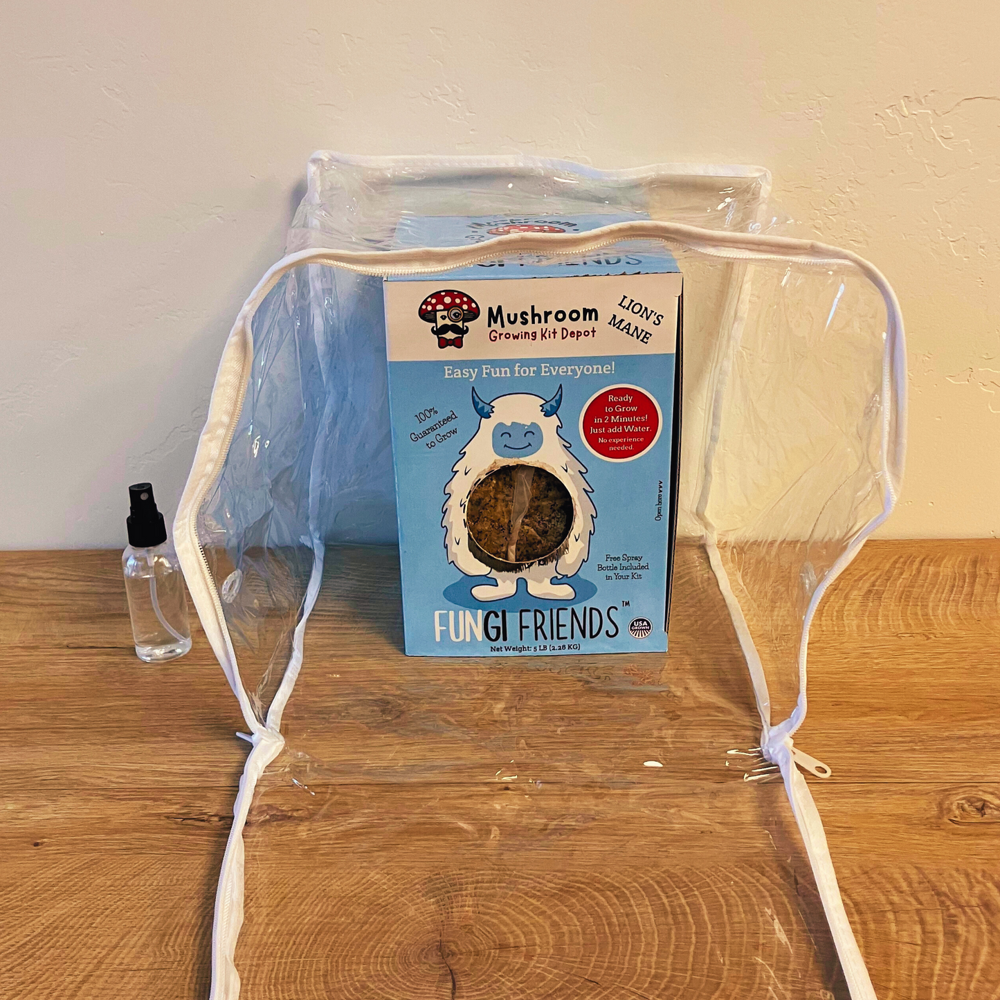 Betty the Yeti Lion's Mane Mushroom Grow Kit by Mushroom Growing Kit Depot, 5 lbs with box, ready for mushroom cultivation.