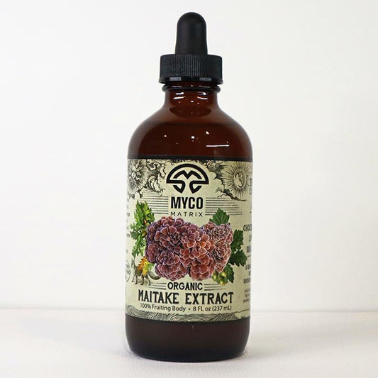 Mycomatrix Maitake Mushroom Extract by Mushroom Mountain in a 2oz bottle, showcasing the adaptogenic mushroom supplement.