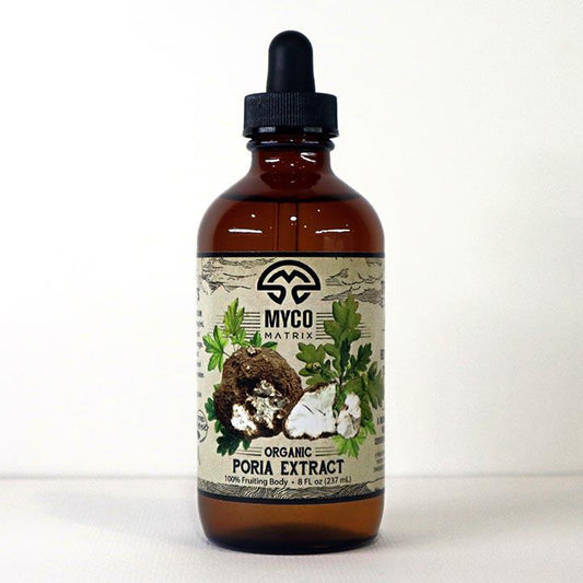 Mycomatrix Poria adaptogenic mushroom extract by Mushroom Mountain in a 2oz jar, showing the product label and packaging.