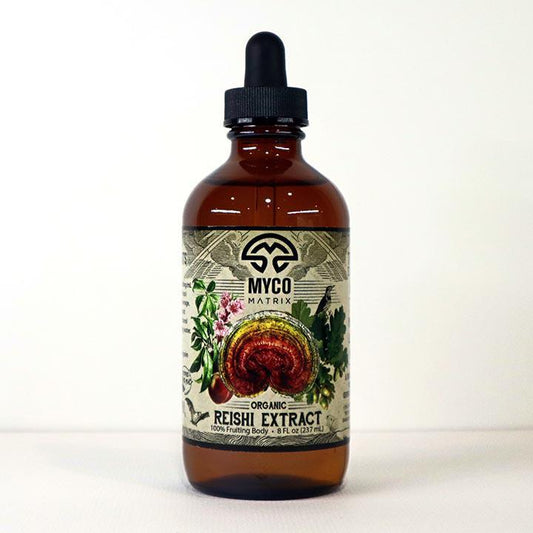 Mycomatrix Reishi adaptogenic mushroom extract bottle from Mushroom Mountain with label visible.