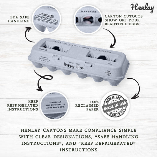 Blank Henlay egg cartons by My Pet Chicken, available in 25, 90, or 250, designed for storing and stamping eggs.