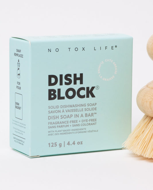 Fragrance-free DISH BLOCK® solid dish soap bar by NO TOX LIFE, 4.4 oz (125g), for home and kitchen dishwashing.