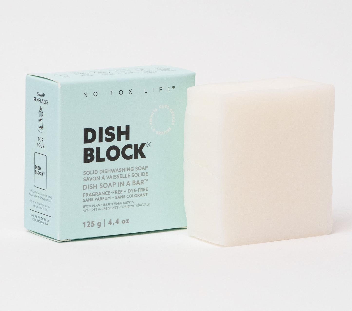 Fragrance-free DISH BLOCK® solid dish soap bar by NO TOX LIFE, 4.4 oz (125g), showcasing the natural soap block for cleaning dishes.