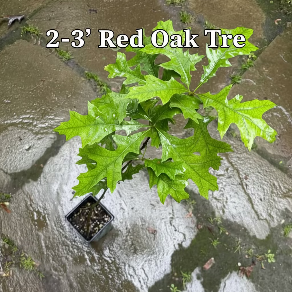 Potted Northern Red Oak tree with vibrant fall leaves, full-part sun, suitable for zones 3-8, native shade tree by Steep Hill Garden.