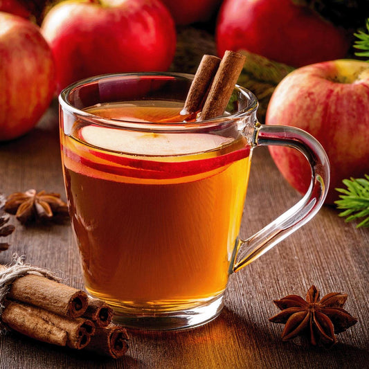 Glass mug of warm spiced apple cider with cinnamon sticks and apple slices, from Old Town Spice Shop.