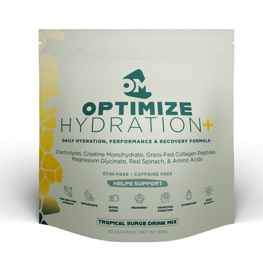 Optimize Minerals Optimize Hydration+ tropical surge electrolyte powder for hydration, 30-day supply in a colorful packet.