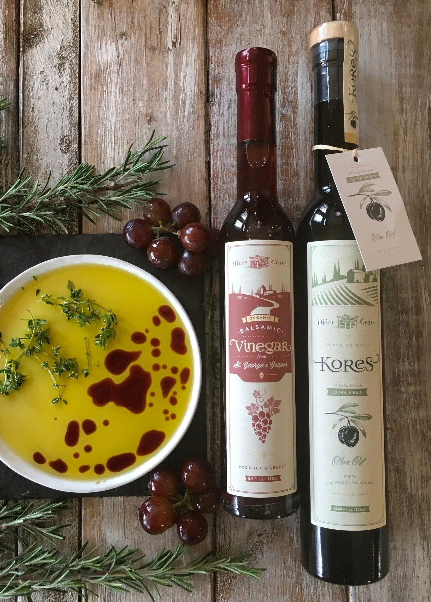 Organic Balsamic Vinegar from St. George's grapes by Olive Crate, in a glass bottle with a dark, rich appearance.