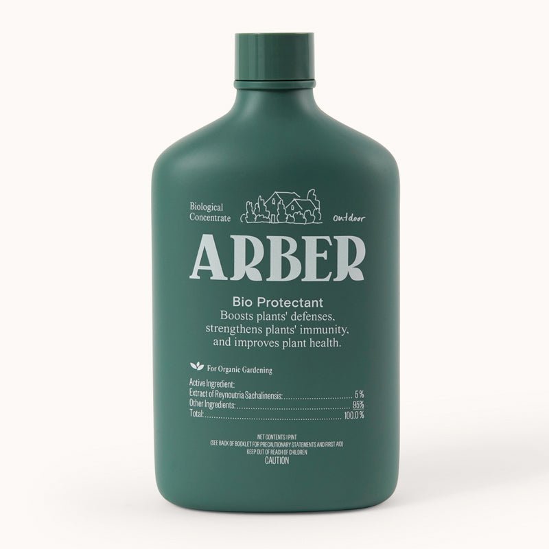 A green bottle labeled Arber Organic Bio Protectant for outdoor use, supporting plant health and disease prevention. This biological plant extract concentrate is designed for organic gardening, with ingredients listed on the front.
