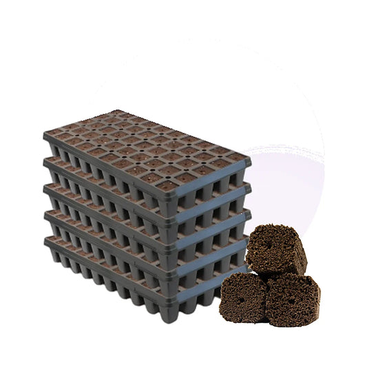 GrowersHouse OrganiPlug seed and cutting plugs in a case, showing the tall, pre-filled tray for plant propagation.