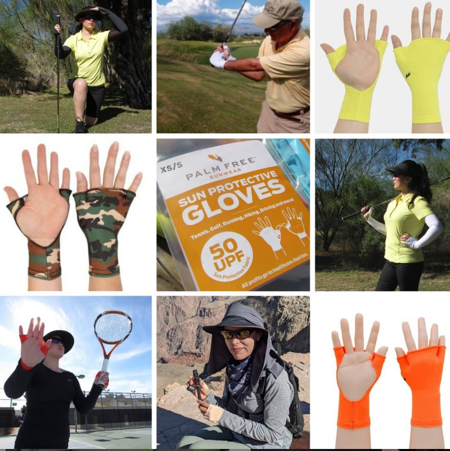 PalmFree™ Sun Gloves in almond beige with UPF 50+ protection, showing the left and right gloves from PalmFree™ SunWear.