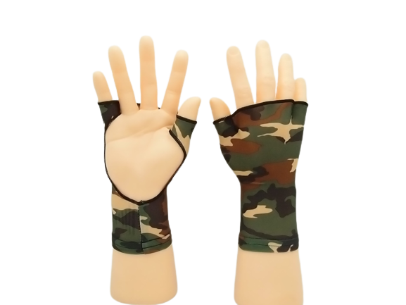 PalmFree™ Sun Gloves in camo with UPF 50+ protection, showing the left and right gloves with palm and finger details.