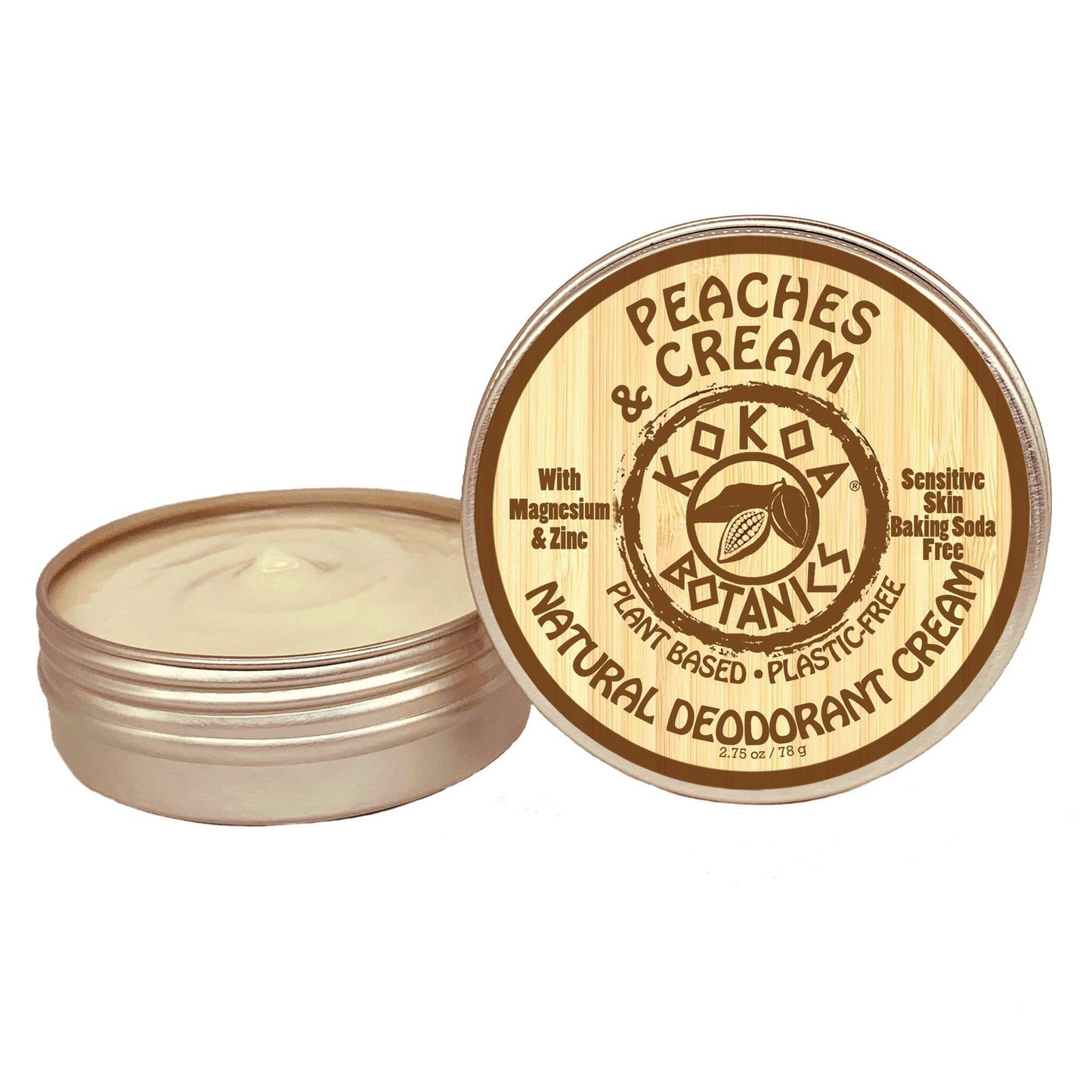 KOKOA BOTANICS Peaches and Cream natural deodorant cream in a jar, baking soda free, 2.5 oz with peach and cream design
