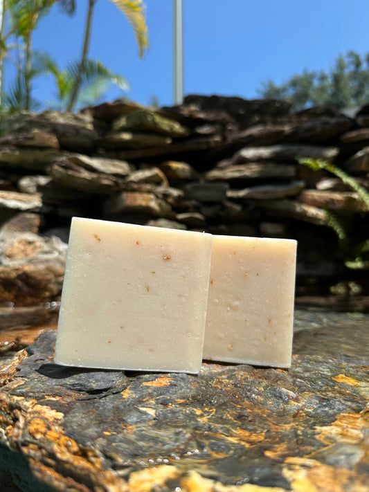 Creamy minty lavender goat milk soap by Peachy Clean Soaps, featuring a smooth, lavender-scented bar with goat milk for skin nourishment.