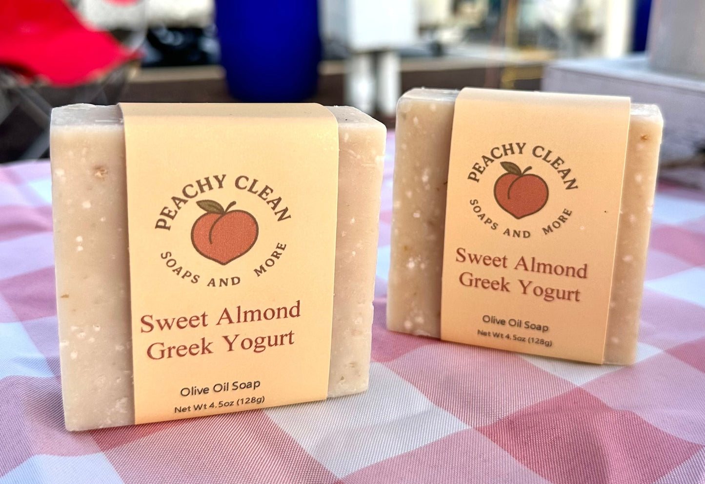 Creamy Sweet Almond Greek Yogurt from Peachy Clean Soaps and More LLC, shown in a bowl with almonds and yogurt on top.