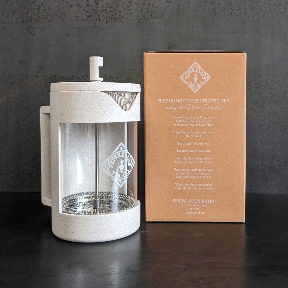 Piper Press brewing device by Piper and Leaf Tea Co. for steeping loose leaf tea in a sleek, modern design.