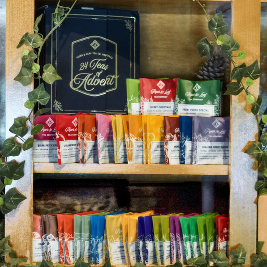 Assorted Piper and Leaf Tea Co. tea bags in an Advent Calendar Refill Kit, featuring various flavors in individual packaging.