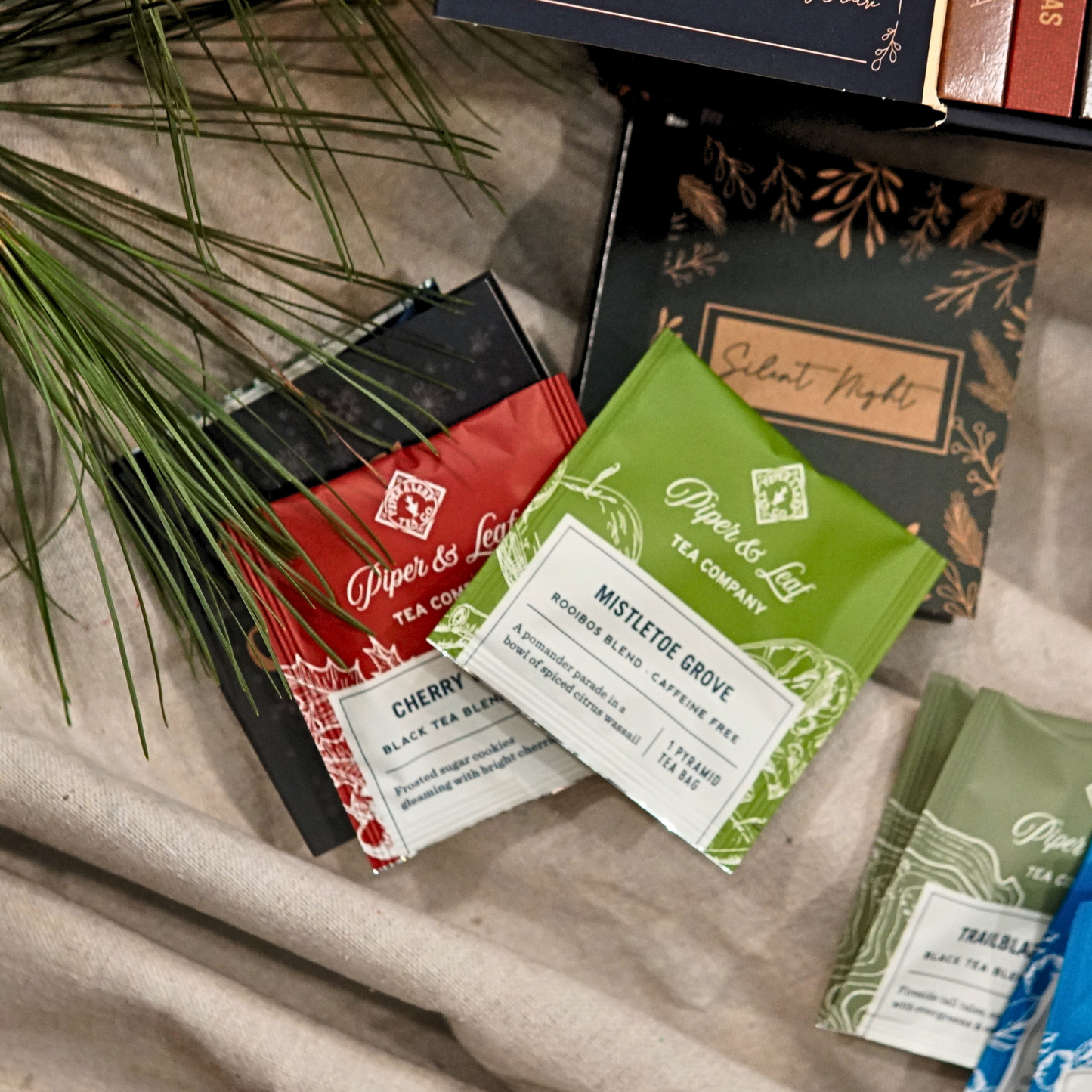 Assorted Piper and Leaf Tea Co. tea bags in a refill kit for advent calendars, featuring colorful packaging and variety of flavors.